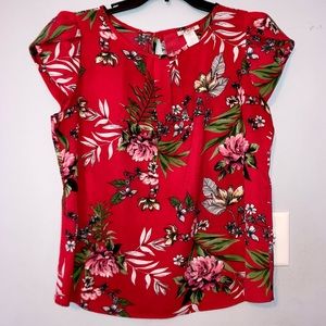 April Red Floral Blouse with Cap Sleeve sz XL